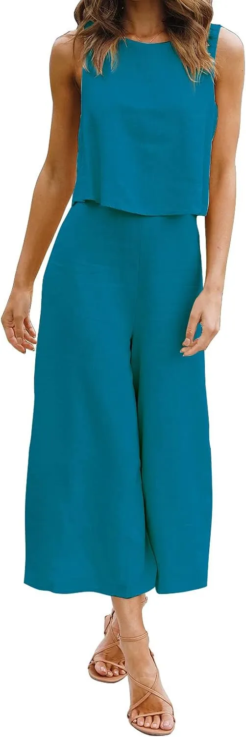 ROYLAMP Women's Summer 2 Piece Outfits Round Neck Crop Basic Top Cropped Wide Leg Pants Set Jumpsuits