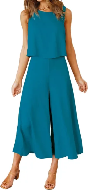 ROYLAMP Women's Summer 2 Piece Outfits Round Neck Crop Basic Top Cropped Wide Leg Pants Set Jumpsuits