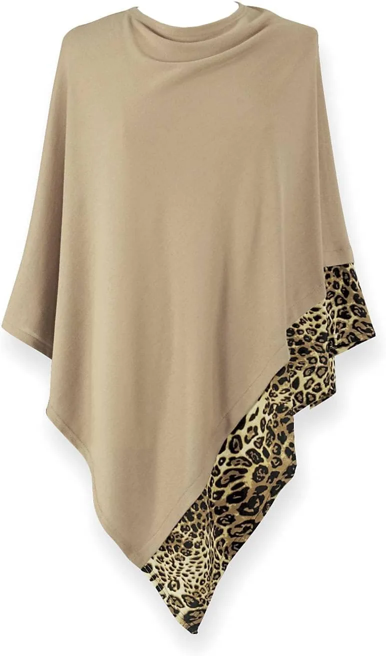 SAGEFINDS Leopard Trim Poncho | Lightweight Knit | Pullover Cape | Versatile Scarf for Spring, Summer, Fall