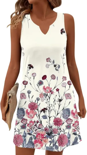 Summer Dresses for Women V-Neck Sundresses Sleeveless Loose Sleep Dress Beach Tank Dress Floral Casual T Shirt Dresses