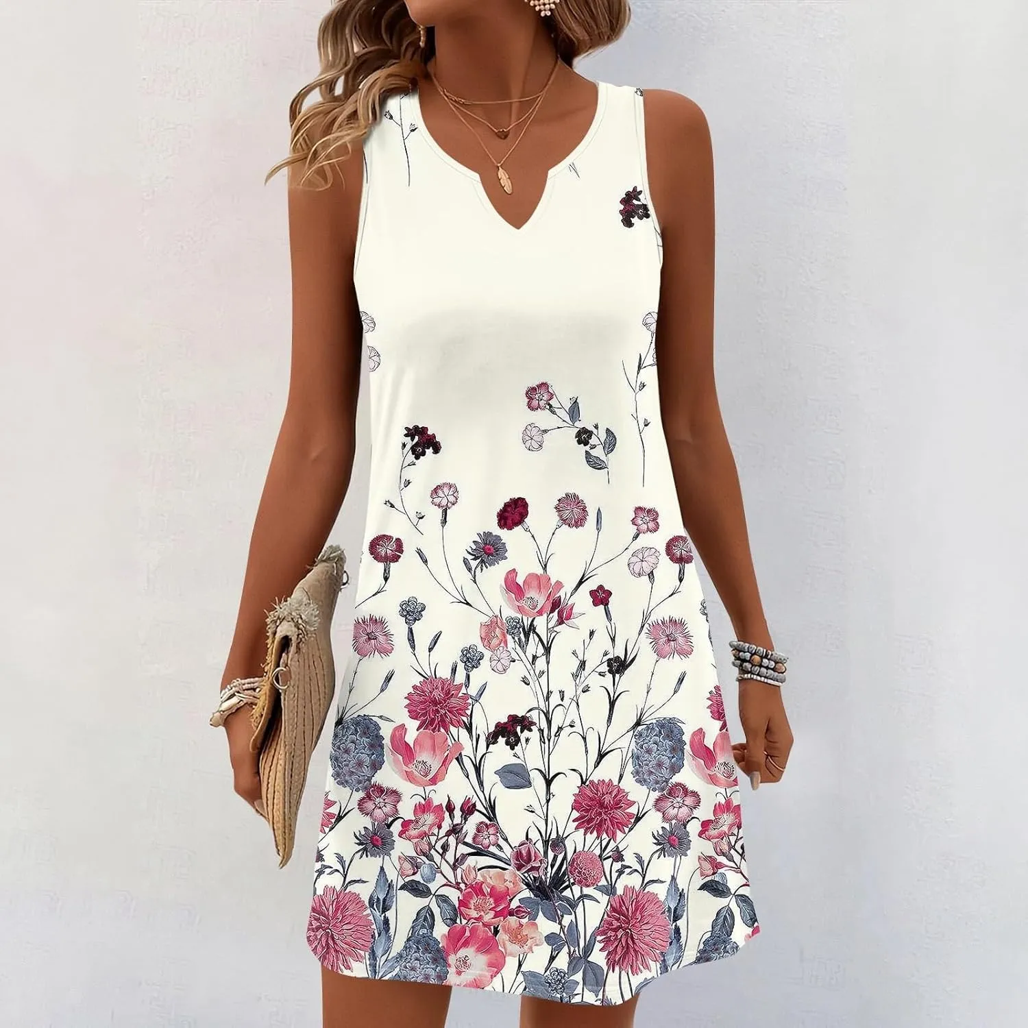 Summer Dresses for Women V-Neck Sundresses Sleeveless Loose Sleep Dress Beach Tank Dress Floral Casual T Shirt Dresses