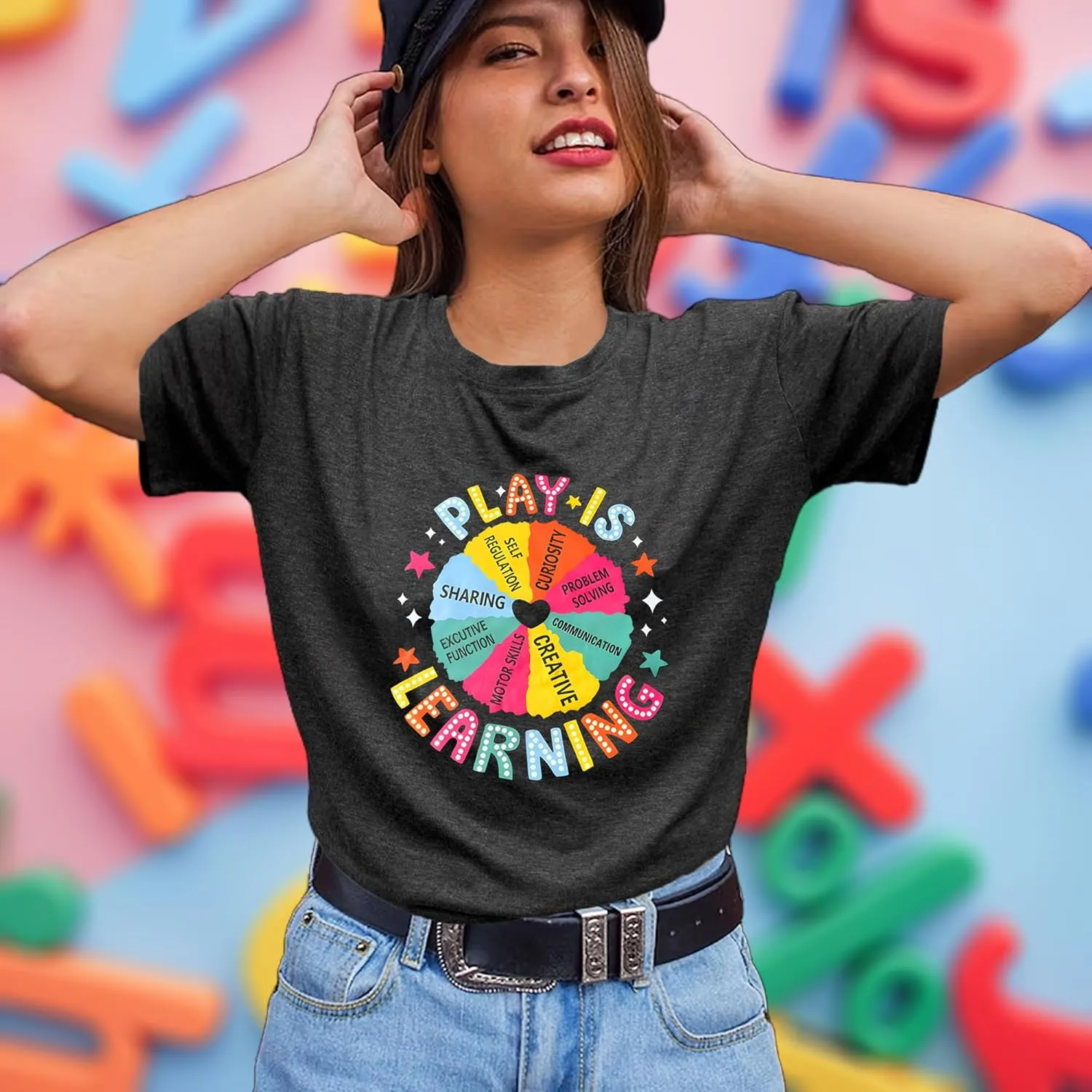 Teacher Shirts for Women Play is Learning Kindergarten Teacher T-Shirt Cute Preschool Teaching Life Tee Tops