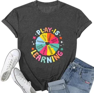 Teacher Shirts for Women Play is Learning Kindergarten Teacher T-Shirt Cute Preschool Teaching Life Tee Tops
