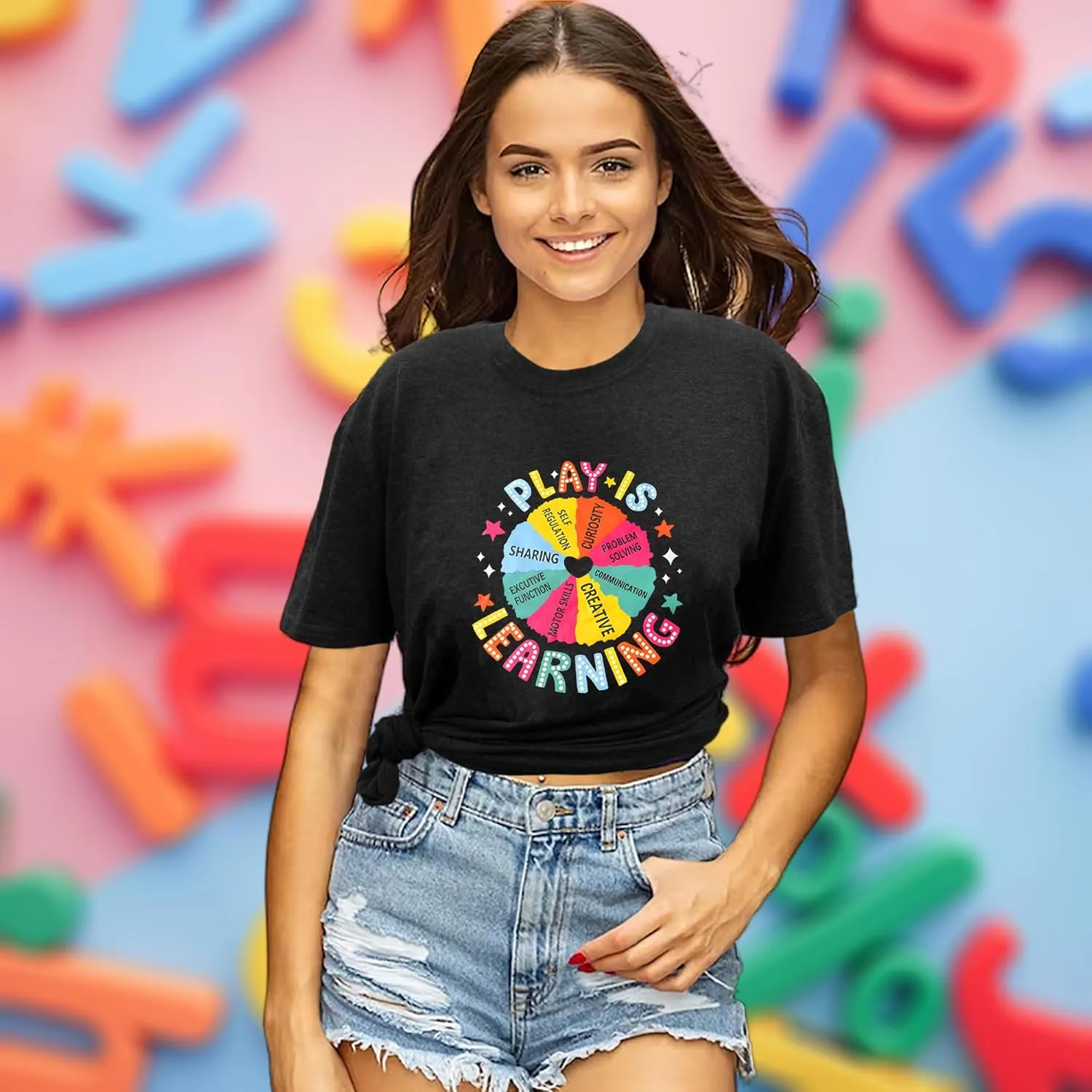 Teacher Shirts for Women Play is Learning Kindergarten Teacher T-Shirt Cute Preschool Teaching Life Tee Tops