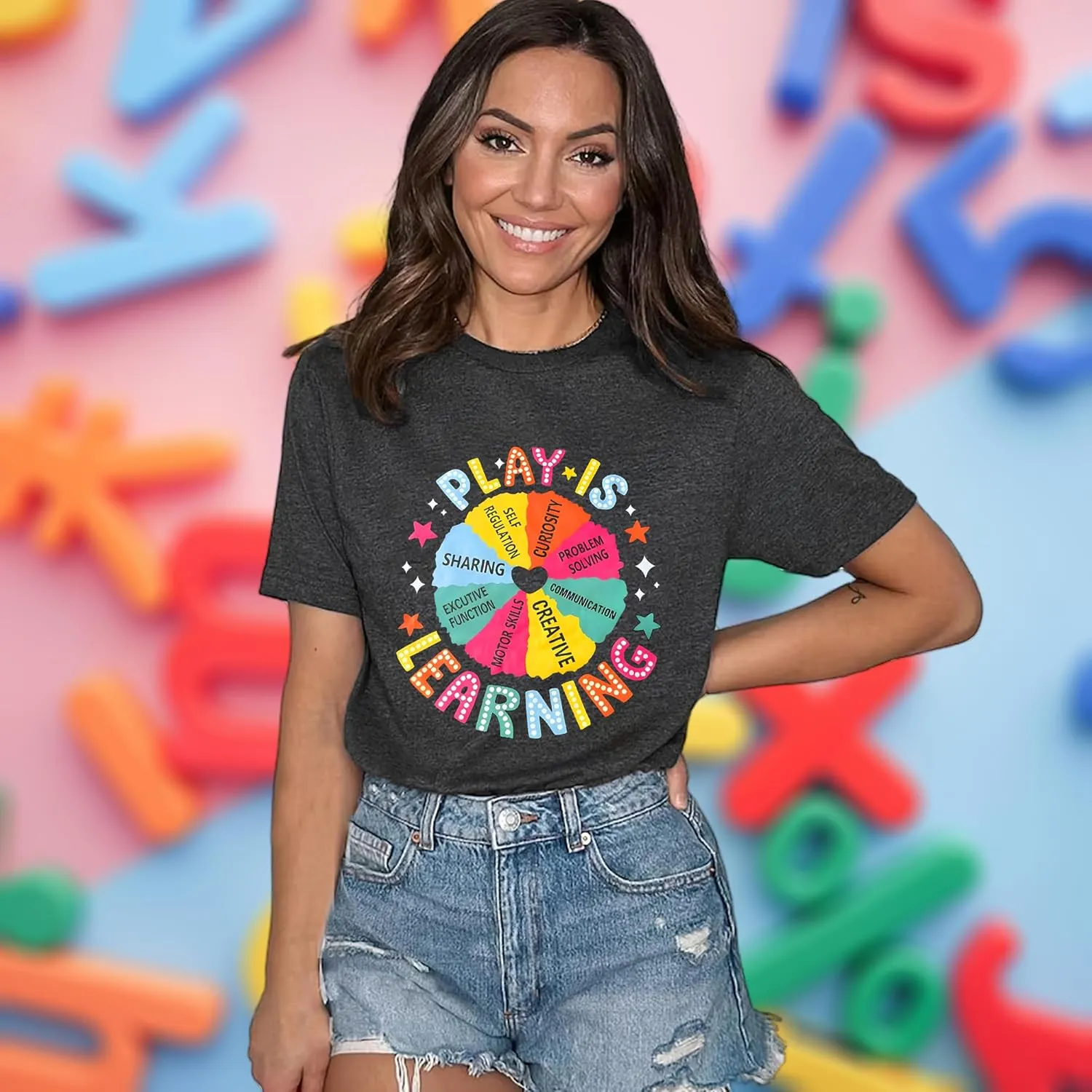 Teacher Shirts for Women Play is Learning Kindergarten Teacher T-Shirt Cute Preschool Teaching Life Tee Tops