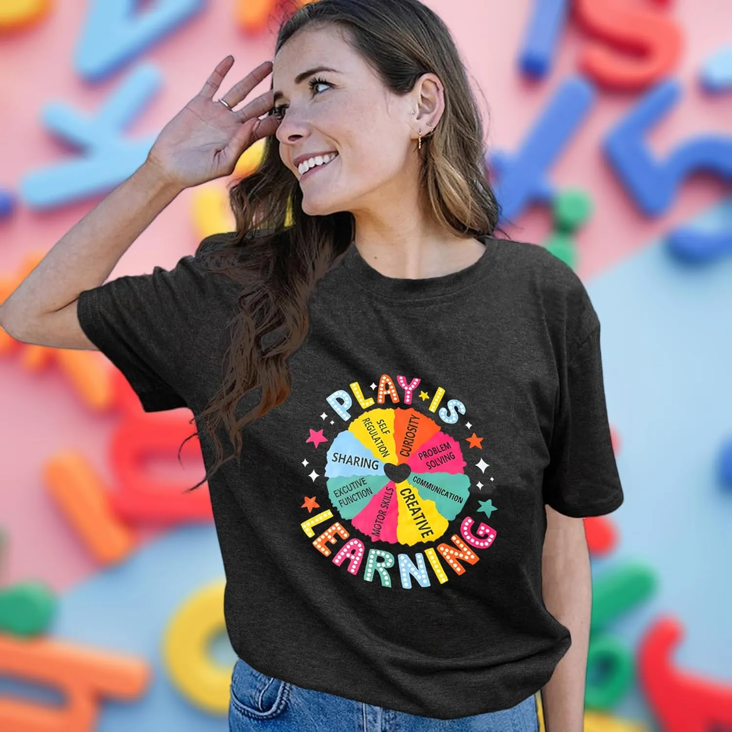 Teacher Shirts for Women Play is Learning Kindergarten Teacher T-Shirt Cute Preschool Teaching Life Tee Tops