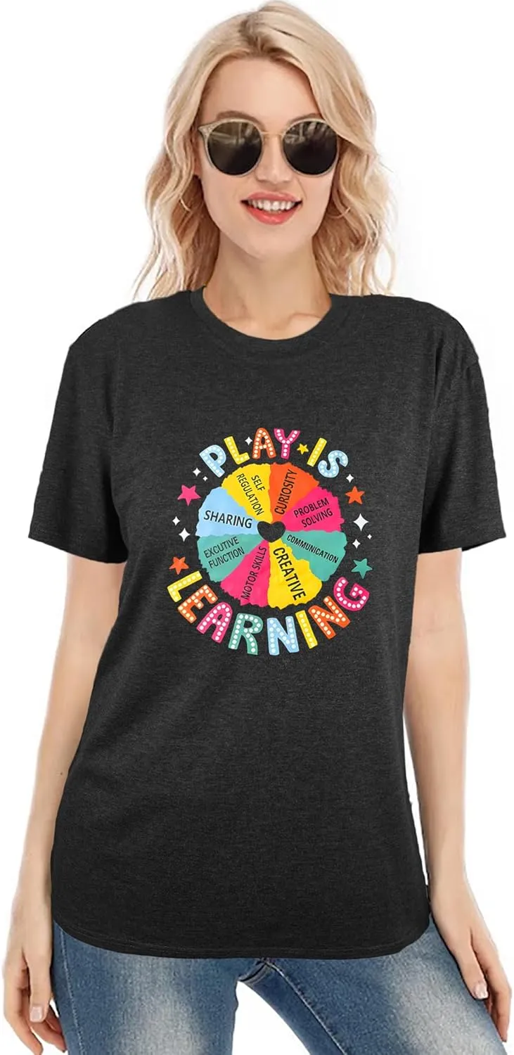 Teacher Shirts for Women Play is Learning Kindergarten Teacher T-Shirt Cute Preschool Teaching Life Tee Tops