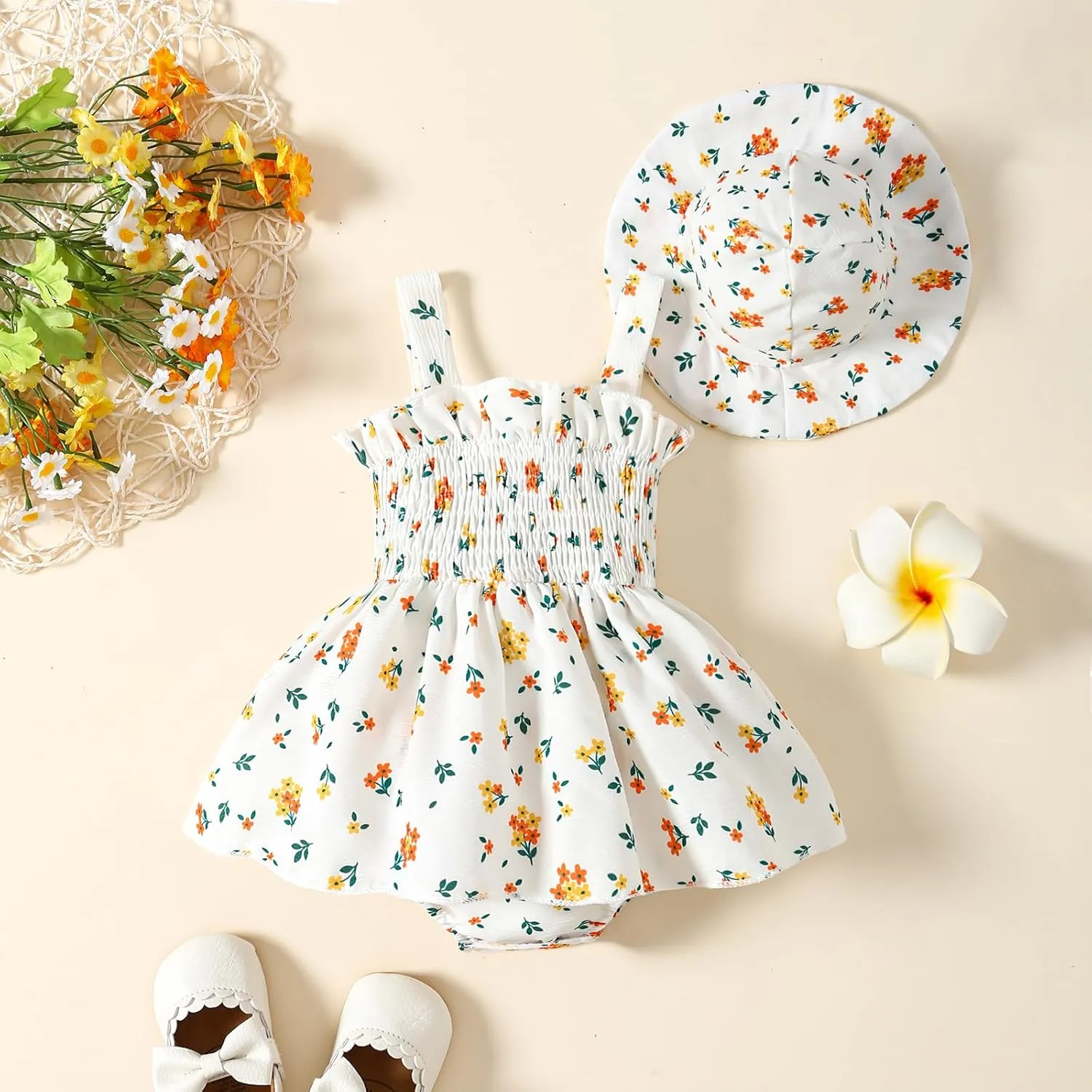 Toddler Baby Girl Summer Clothes Halter Floral Romper Dress Backless Outfits with Hat