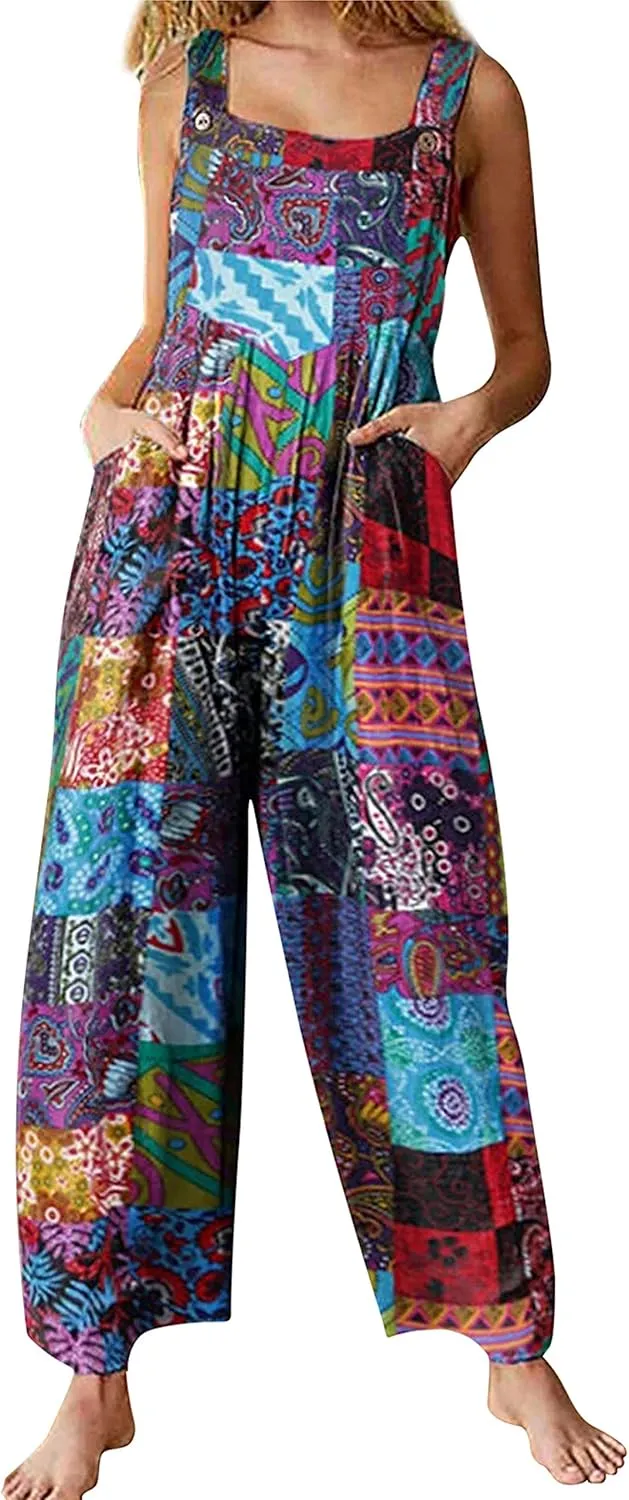 UANEO Overalls for Women Loose Fit Summer Wide Leg Jumpsuits Floral Boho Clothes