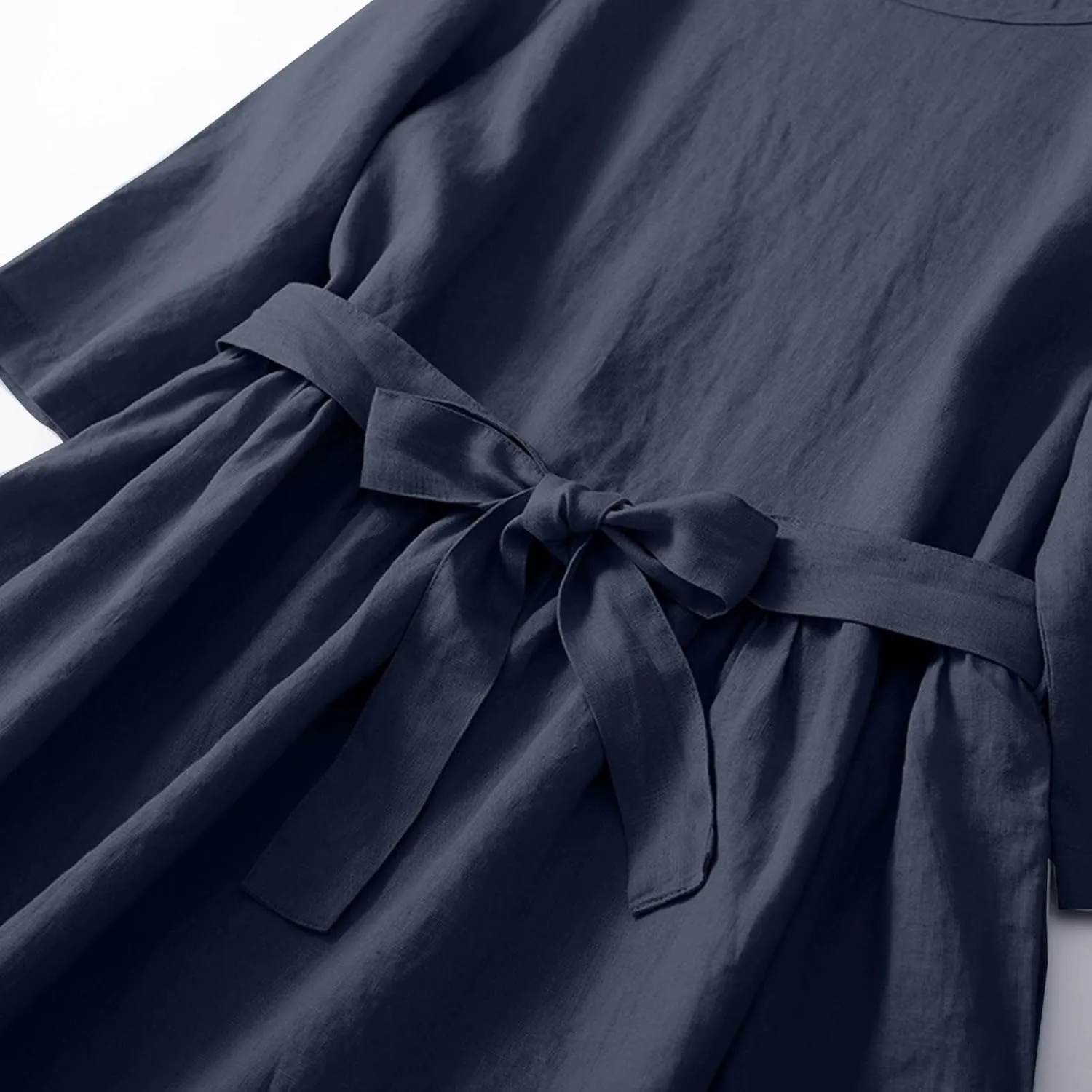 Women Bohemian Cotton Linen Dresses 3/4 Sleeve Maxi Long Dress Plain Classic Dresses Trendy Boho Dresses with Belt