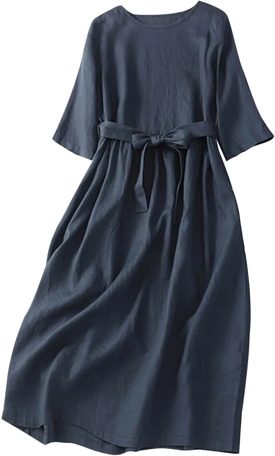 Women Bohemian Cotton Linen Dresses 3/4 Sleeve Maxi Long Dress Plain Classic Dresses Trendy Boho Dresses with Belt