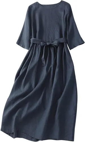 Women Bohemian Cotton Linen Dresses 3/4 Sleeve Maxi Long Dress Plain Classic Dresses Trendy Boho Dresses with Belt