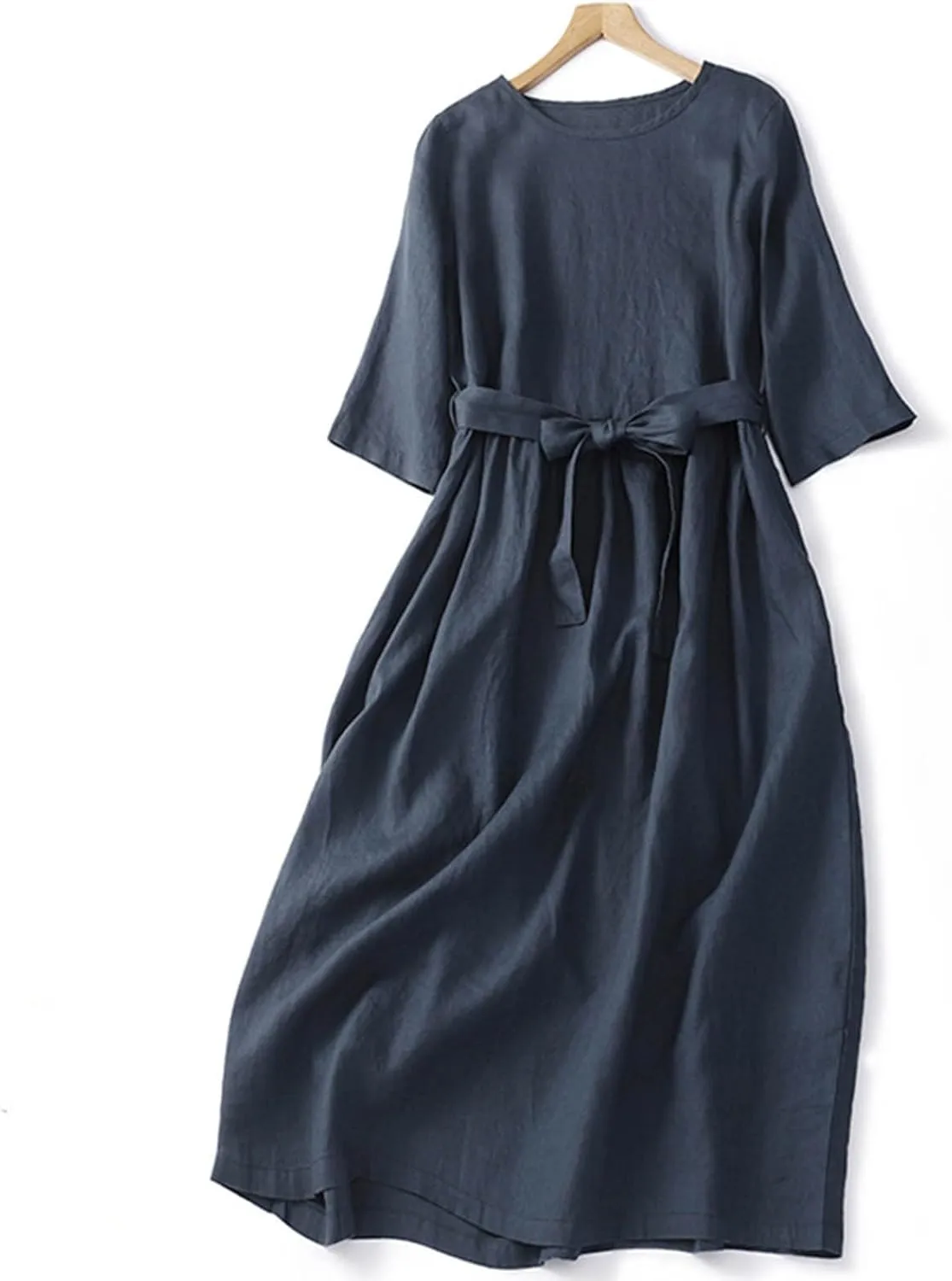 Women Bohemian Cotton Linen Dresses 3/4 Sleeve Maxi Long Dress Plain Classic Dresses Trendy Boho Dresses with Belt