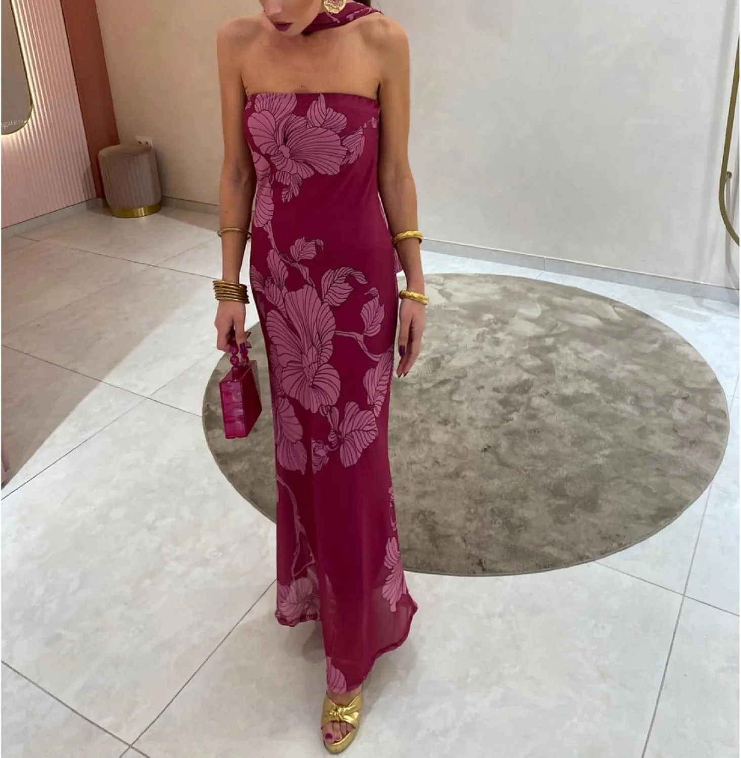 Women Floral Tube Maxi Dress with Scarf Sexy Strapless Backless Bodycon Long Dress Summer Mesh Cocktail Sundress