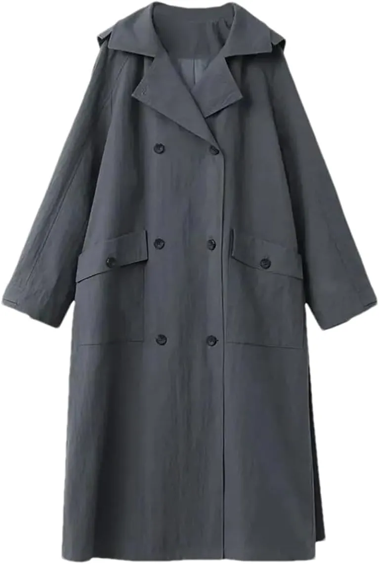 Women Hooded Loose Belt Trench Coat Casual Detachable Hat Overcoat Fall Double Breasted Long Outerwear