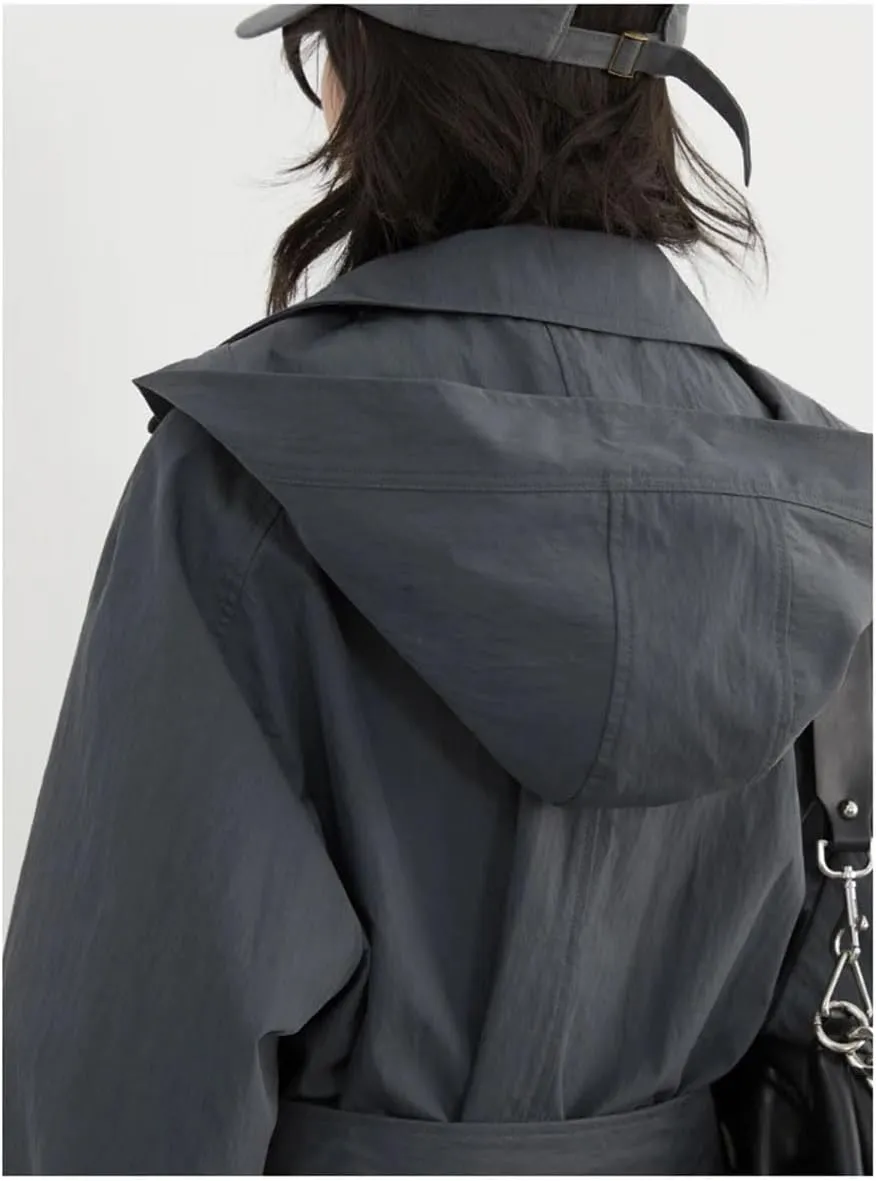 Women Hooded Loose Belt Trench Coat Casual Detachable Hat Overcoat Fall Double Breasted Long Outerwear