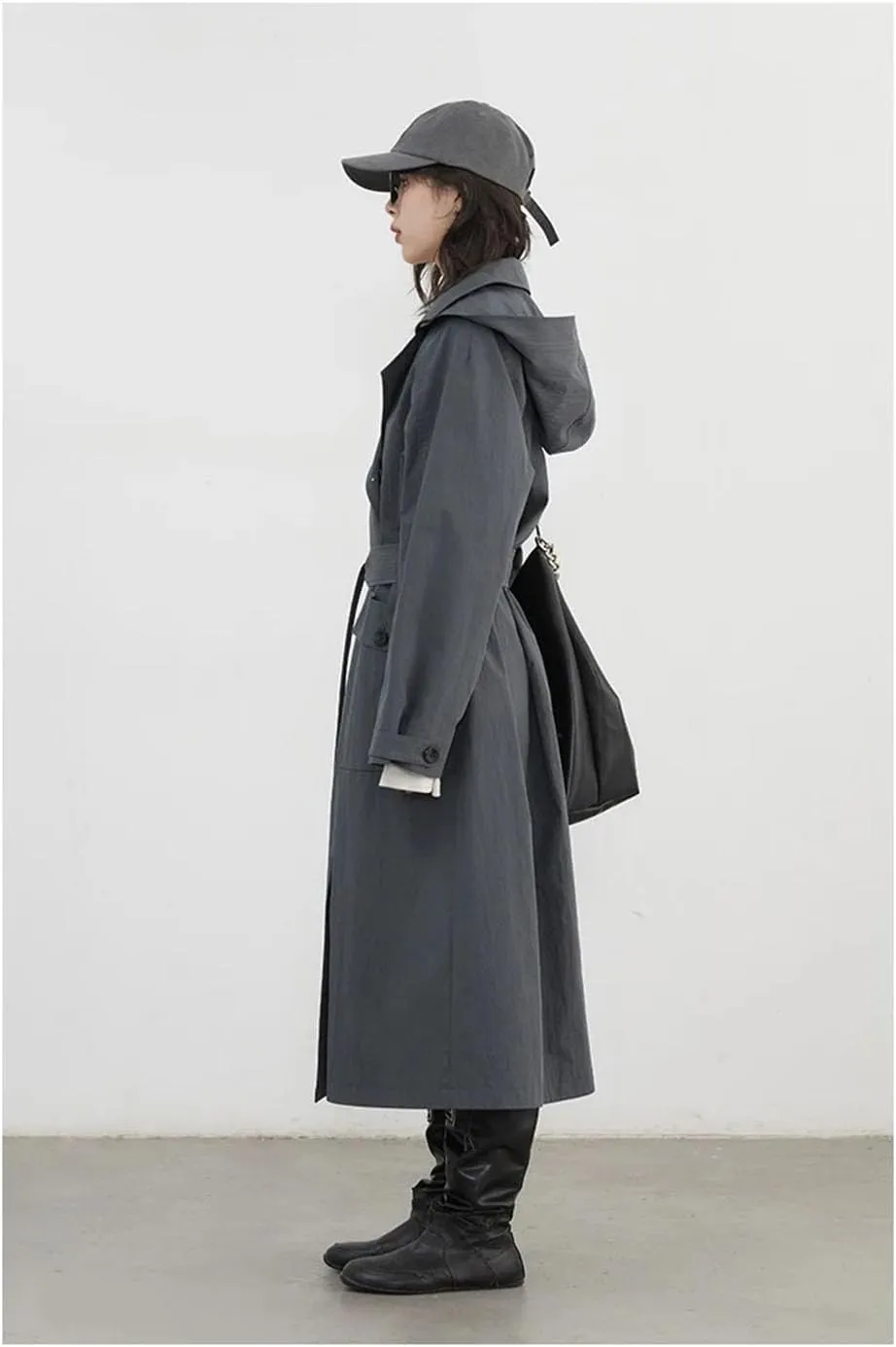 Women Hooded Loose Belt Trench Coat Casual Detachable Hat Overcoat Fall Double Breasted Long Outerwear
