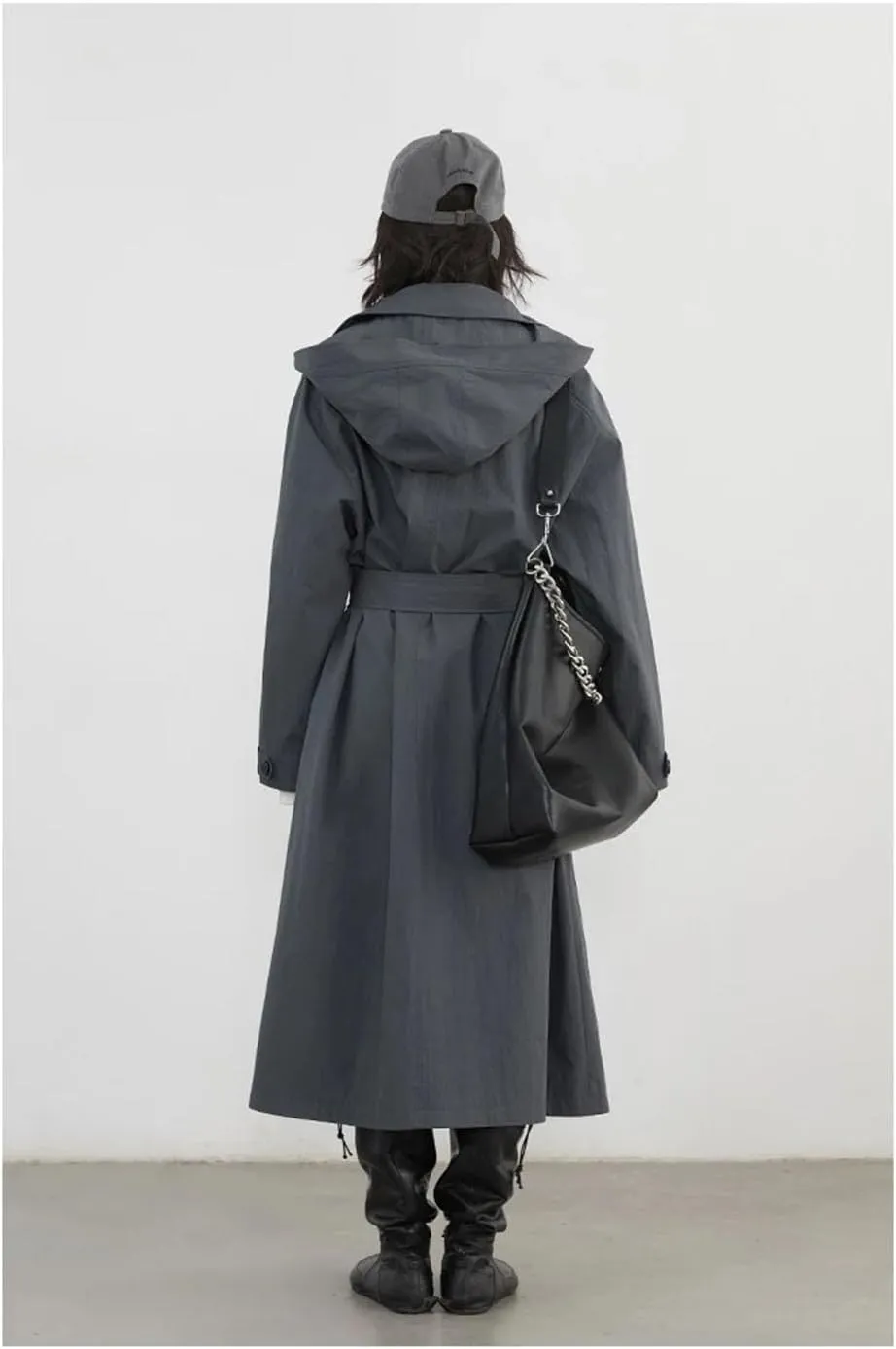 Women Hooded Loose Belt Trench Coat Casual Detachable Hat Overcoat Fall Double Breasted Long Outerwear
