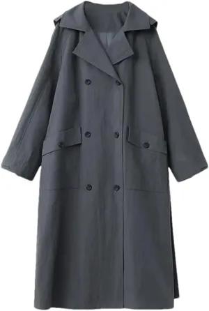 Women Hooded Loose Belt Trench Coat Casual Detachable Hat Overcoat Fall Double Breasted Long Outerwear