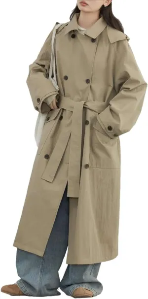 Women Hooded Loose Belt Trench Coat Casual Detachable Hat Overcoat Fall Double Breasted Long Outerwear