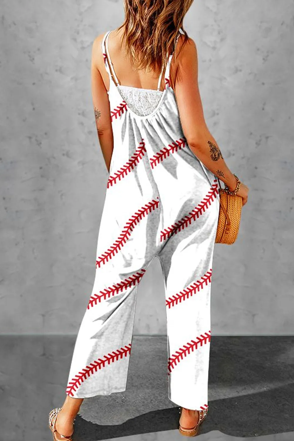 Women's Baseball Print Spaghetti Strap Wide Leg Jumpsuits
