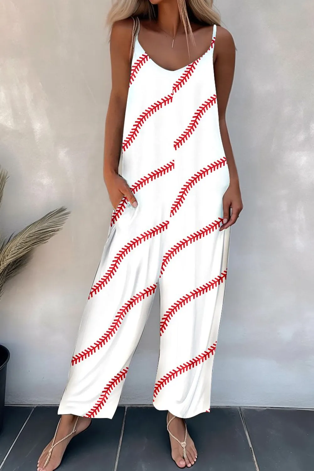 Women's Baseball Print Spaghetti Strap Wide Leg Jumpsuits
