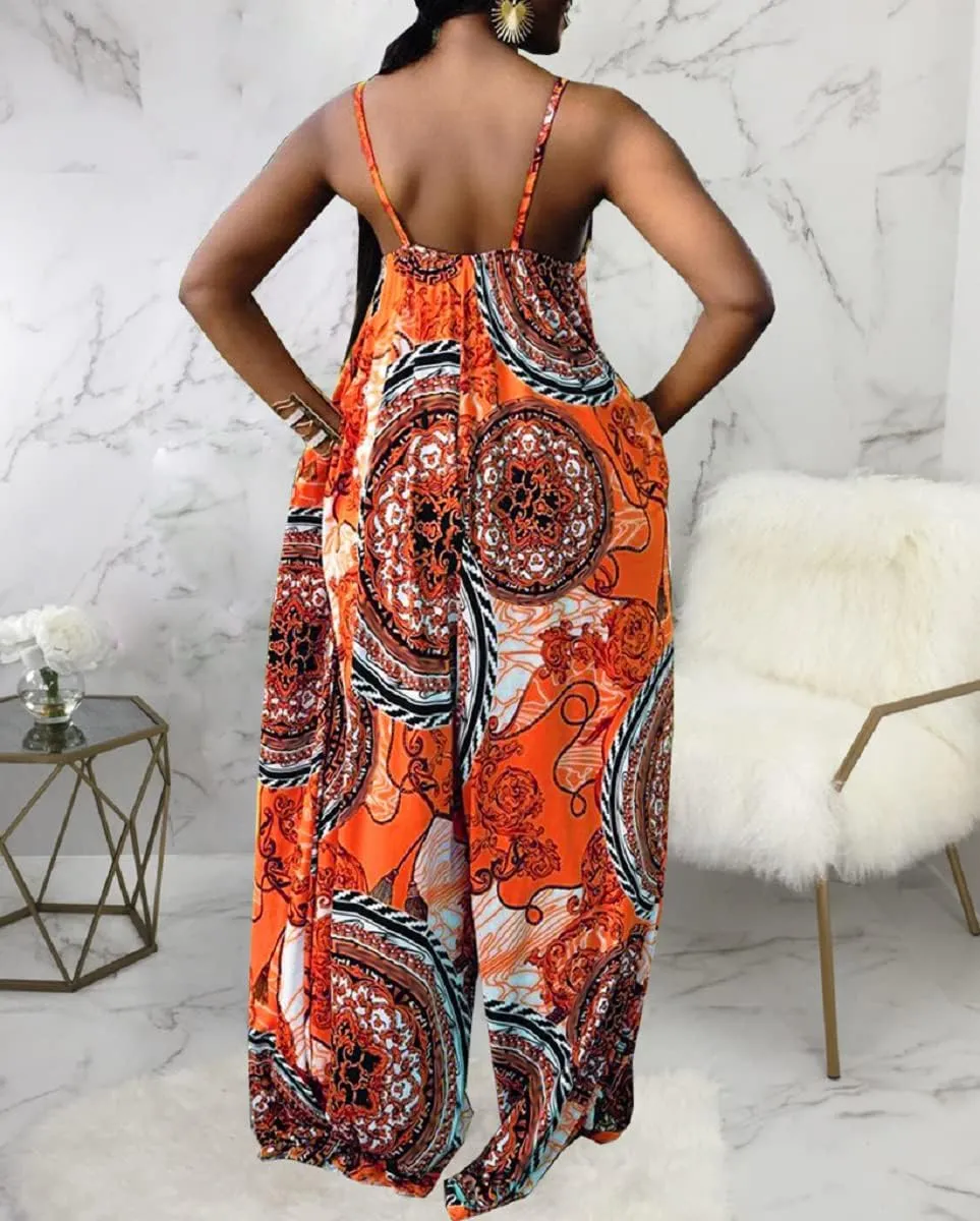 Women's Casual Summer Jumpsuits Sexy Loose Spaghetti Strap Floral Print Jumpsuit Wide Leg Pants Rompers with Pockets