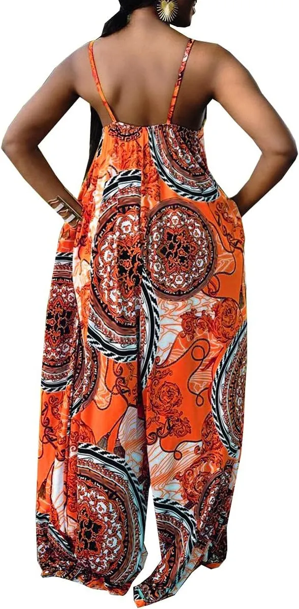 Women's Casual Summer Jumpsuits Sexy Loose Spaghetti Strap Floral Print Jumpsuit Wide Leg Pants Rompers with Pockets