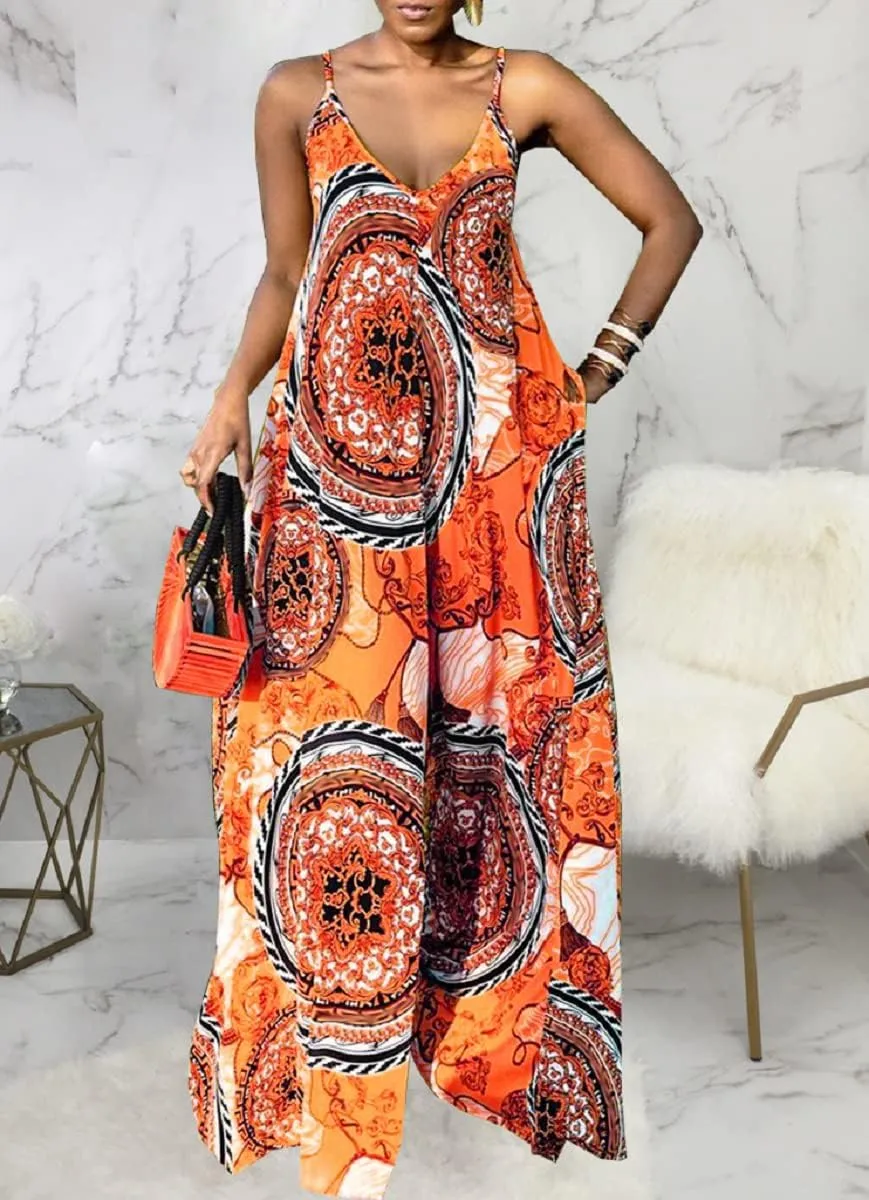Women's Casual Summer Jumpsuits Sexy Loose Spaghetti Strap Floral Print Jumpsuit Wide Leg Pants Rompers with Pockets
