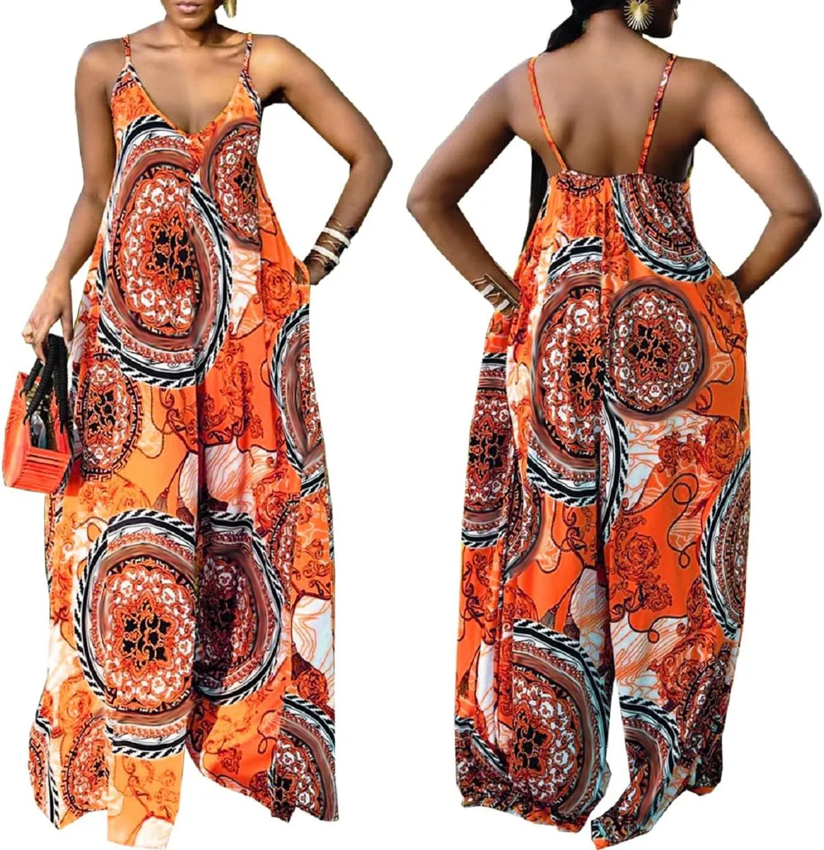 Women's Casual Summer Jumpsuits Sexy Loose Spaghetti Strap Floral Print Jumpsuit Wide Leg Pants Rompers with Pockets
