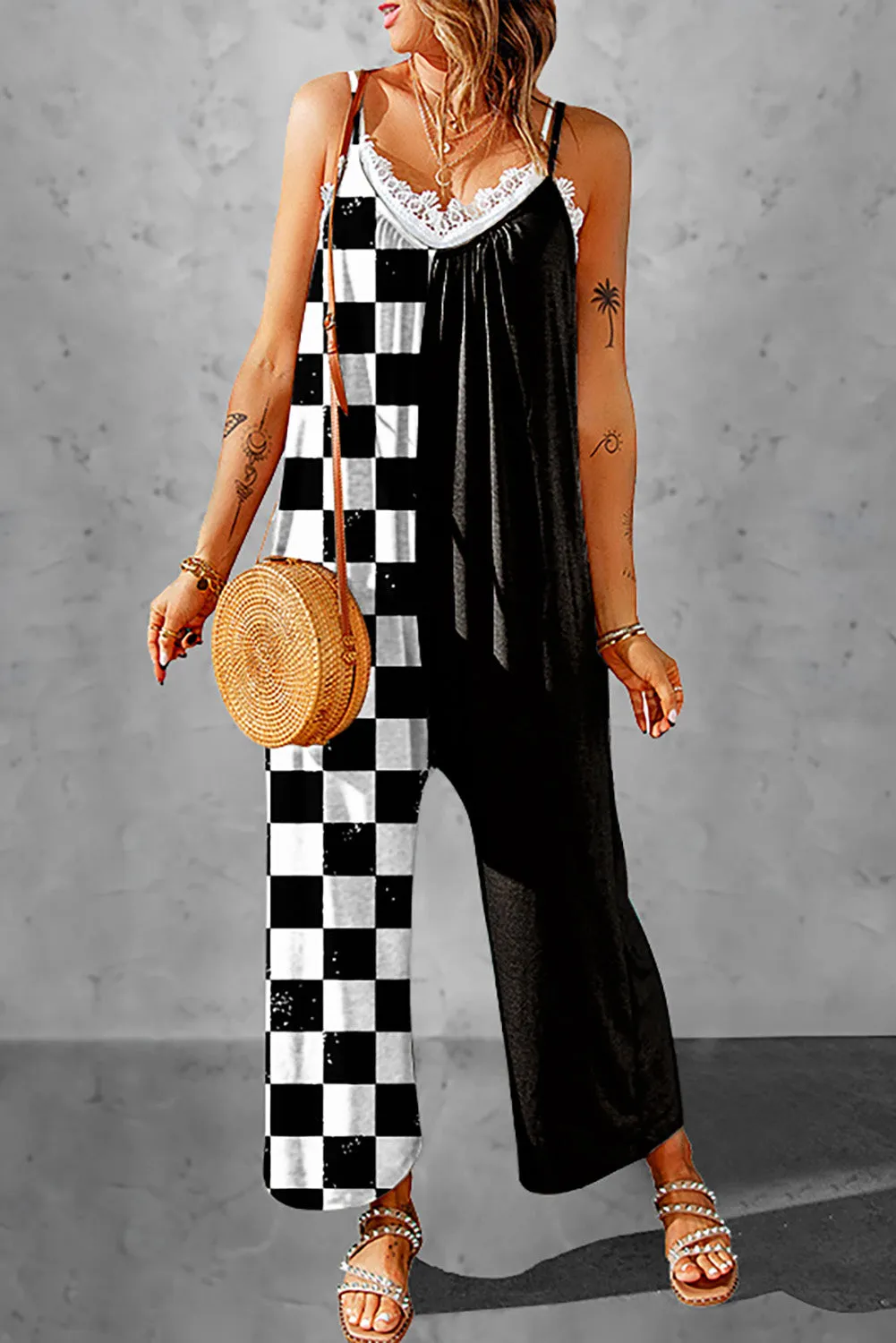 Women's Checkerboard Color Block Print V Neck Shift Casual Jumpsuits
