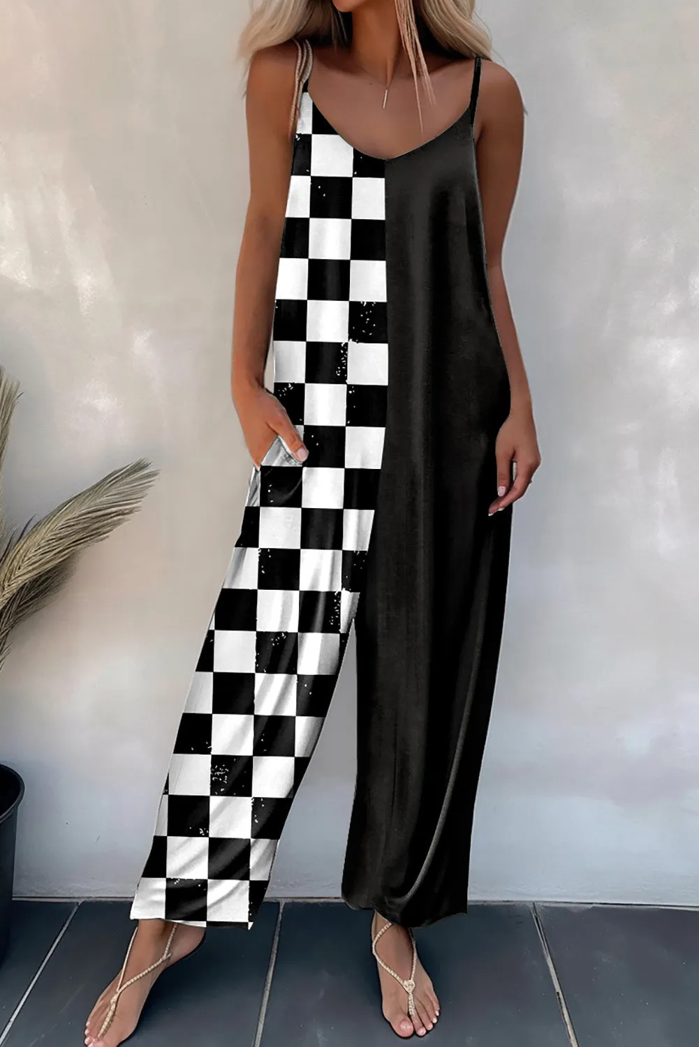Women's Checkerboard Color Block Print V Neck Shift Casual Jumpsuits