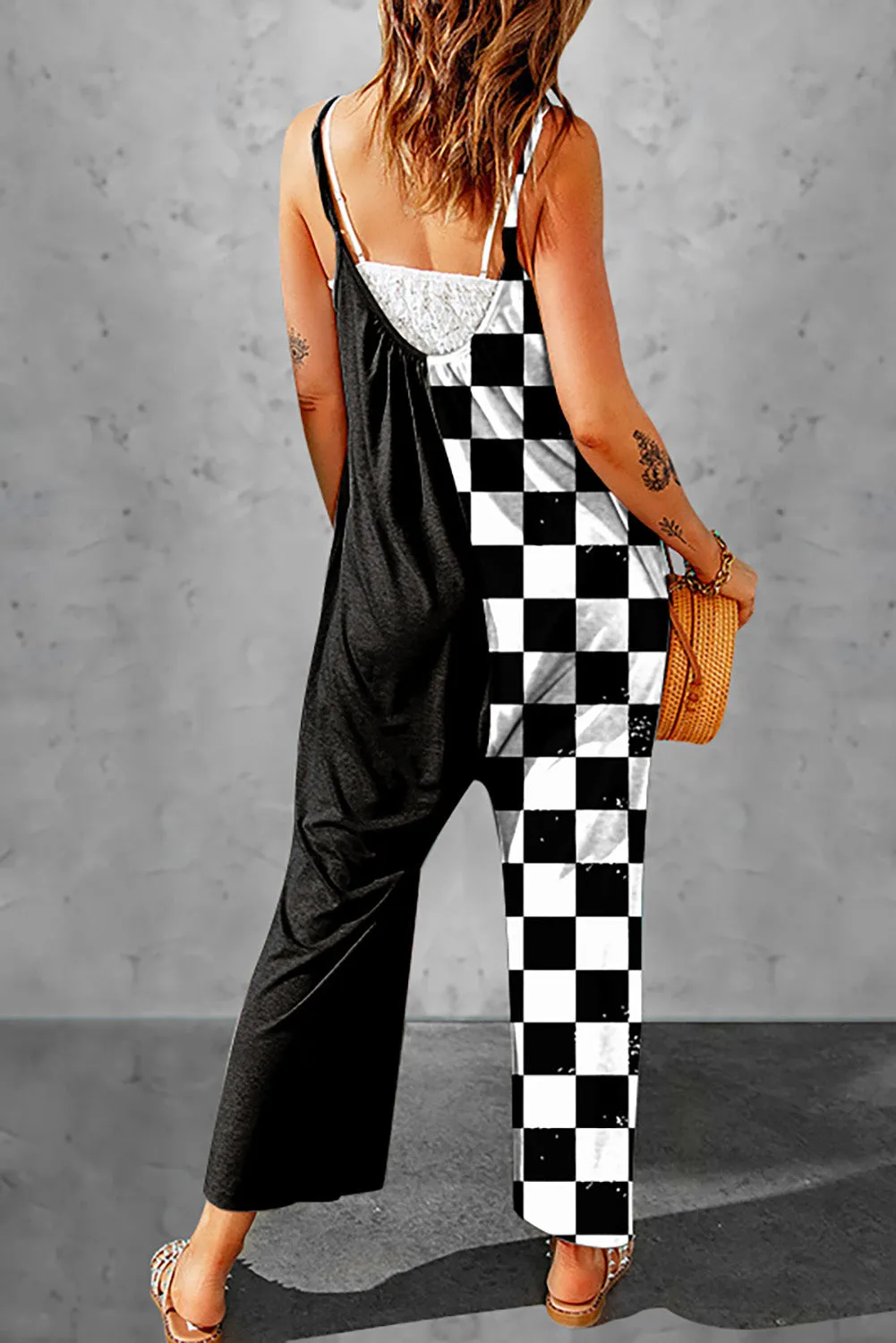 Women's Checkerboard Color Block Print V Neck Shift Casual Jumpsuits