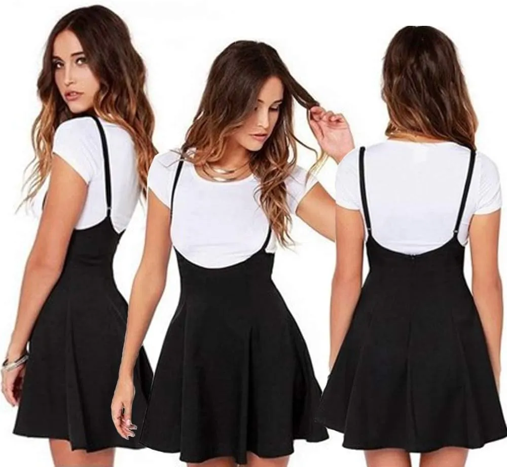 Women's High Waist Suspender Pleated Skirts Casual School Girls Versatile Strappy Dress