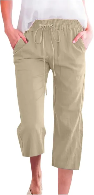 Women's Linen Pants Casual Summer Capris Loose Fit Lightweight Drawstring Waisted Cropped Pants with Pockets