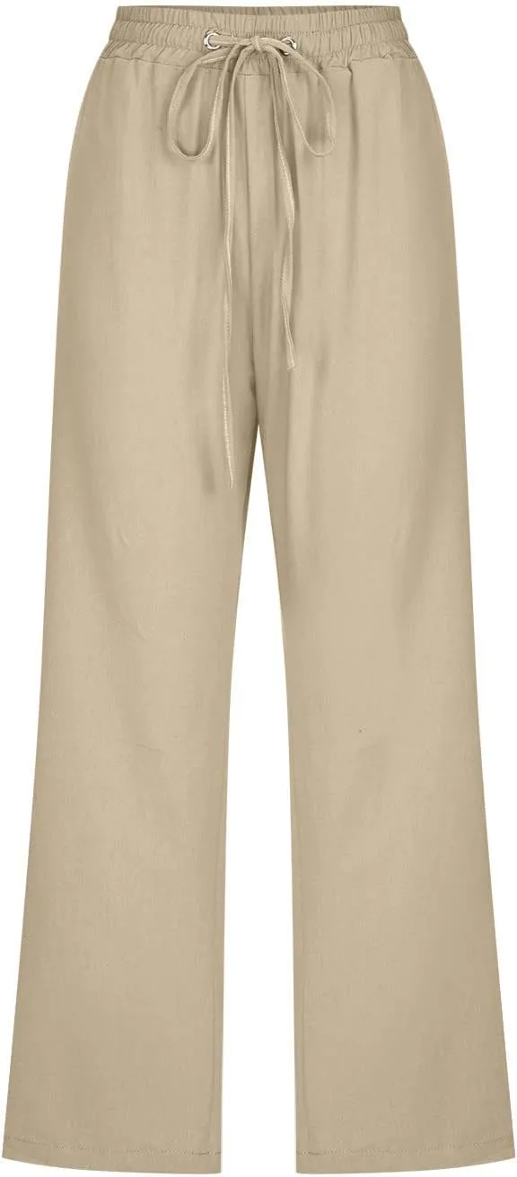 Women's Linen Pants Casual Summer Capris Loose Fit Lightweight Drawstring Waisted Cropped Pants with Pockets