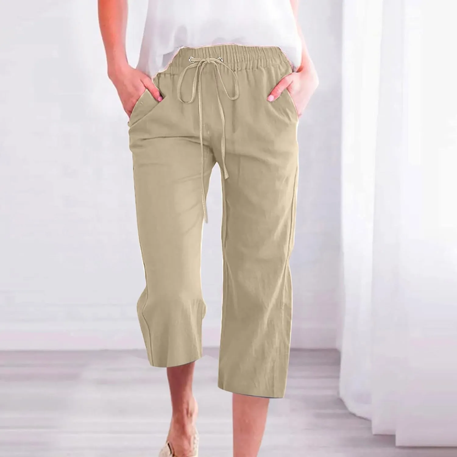 Women's Linen Pants Casual Summer Capris Loose Fit Lightweight Drawstring Waisted Cropped Pants with Pockets