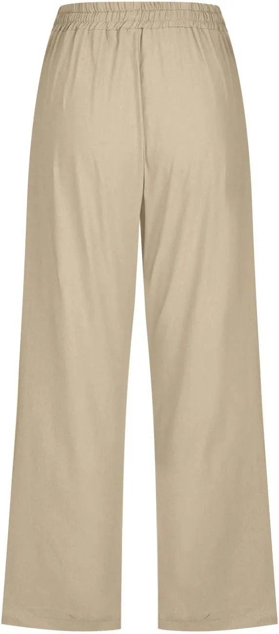 Women's Linen Pants Casual Summer Capris Loose Fit Lightweight Drawstring Waisted Cropped Pants with Pockets