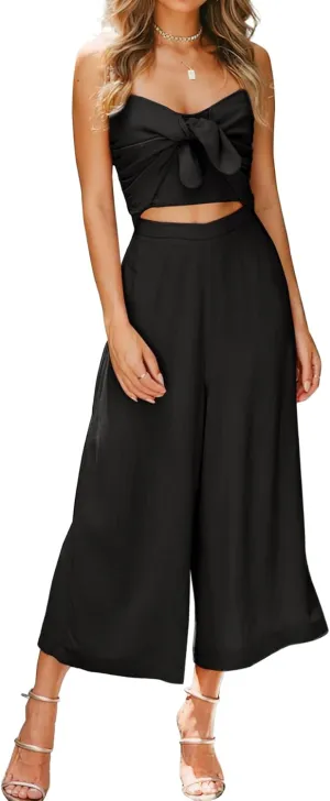 Women's Summer Tie Knot Cutout Spaghetti Straps Smocked High Waist Wide Leg Sexy Jumpsuits Rompers Pockets