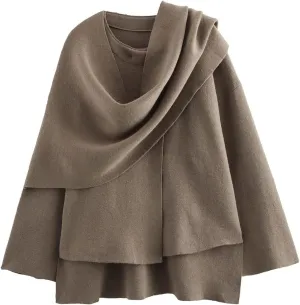 Wyeysyt Women's Crop Knit Scarf Coat High Low Long Sleeves Knit Cardigan with Undetachable Scarf