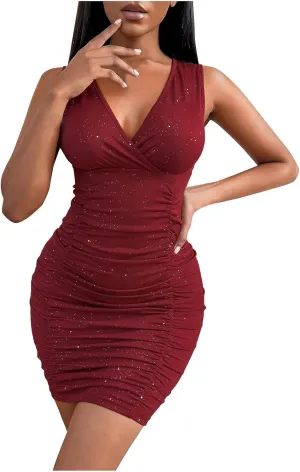 XUNRYAN Women's Sexy Knit Ribbed Bodycon Party Dresses Sleeveless Deep V Neck Ruched Slim Sequin Club Mini Dress Short Outfit