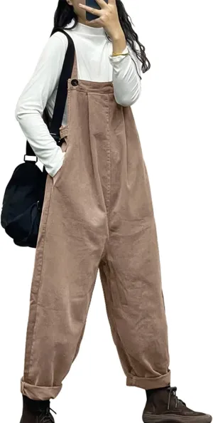 YESNO Overalls Women Plus Size Loose Fit Jumpsuits Adjustable Waist Casual Long Bib Pants Cotton Rompers with Pockets PQ1