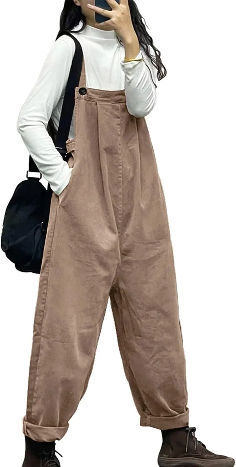 YESNO Overalls Women Plus Size Loose Fit Jumpsuits Adjustable Waist Casual Long Bib Pants Cotton Rompers with Pockets PQ1