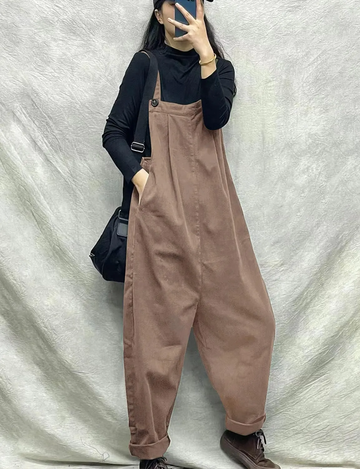YESNO Overalls Women Plus Size Loose Fit Jumpsuits Adjustable Waist Casual Long Bib Pants Cotton Rompers with Pockets PQ1