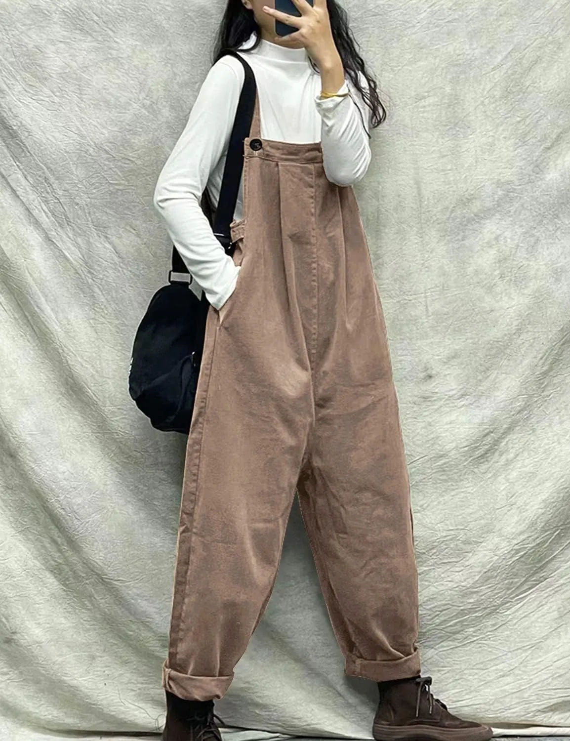YESNO Overalls Women Plus Size Loose Fit Jumpsuits Adjustable Waist Casual Long Bib Pants Cotton Rompers with Pockets PQ1