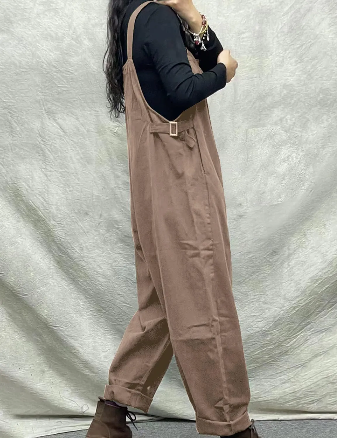 YESNO Overalls Women Plus Size Loose Fit Jumpsuits Adjustable Waist Casual Long Bib Pants Cotton Rompers with Pockets PQ1