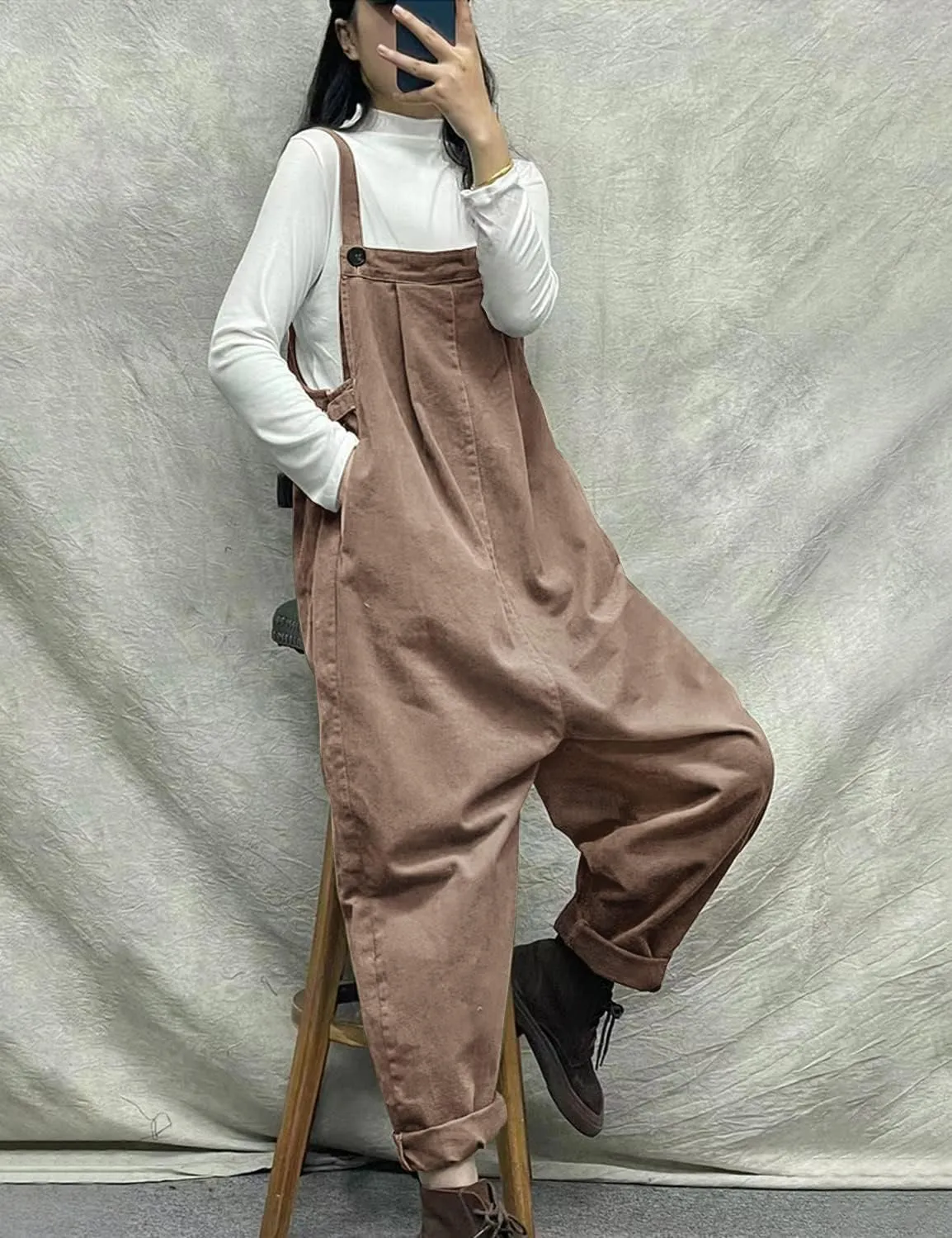 YESNO Overalls Women Plus Size Loose Fit Jumpsuits Adjustable Waist Casual Long Bib Pants Cotton Rompers with Pockets PQ1